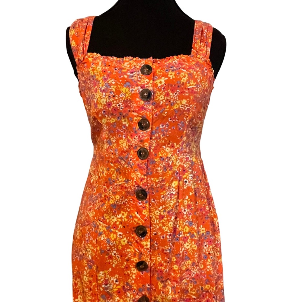 Japana Orange Floral Button Front Maxi Dress Square Neck‎ Smocked Waist Sz Small - Picture 2 of 4